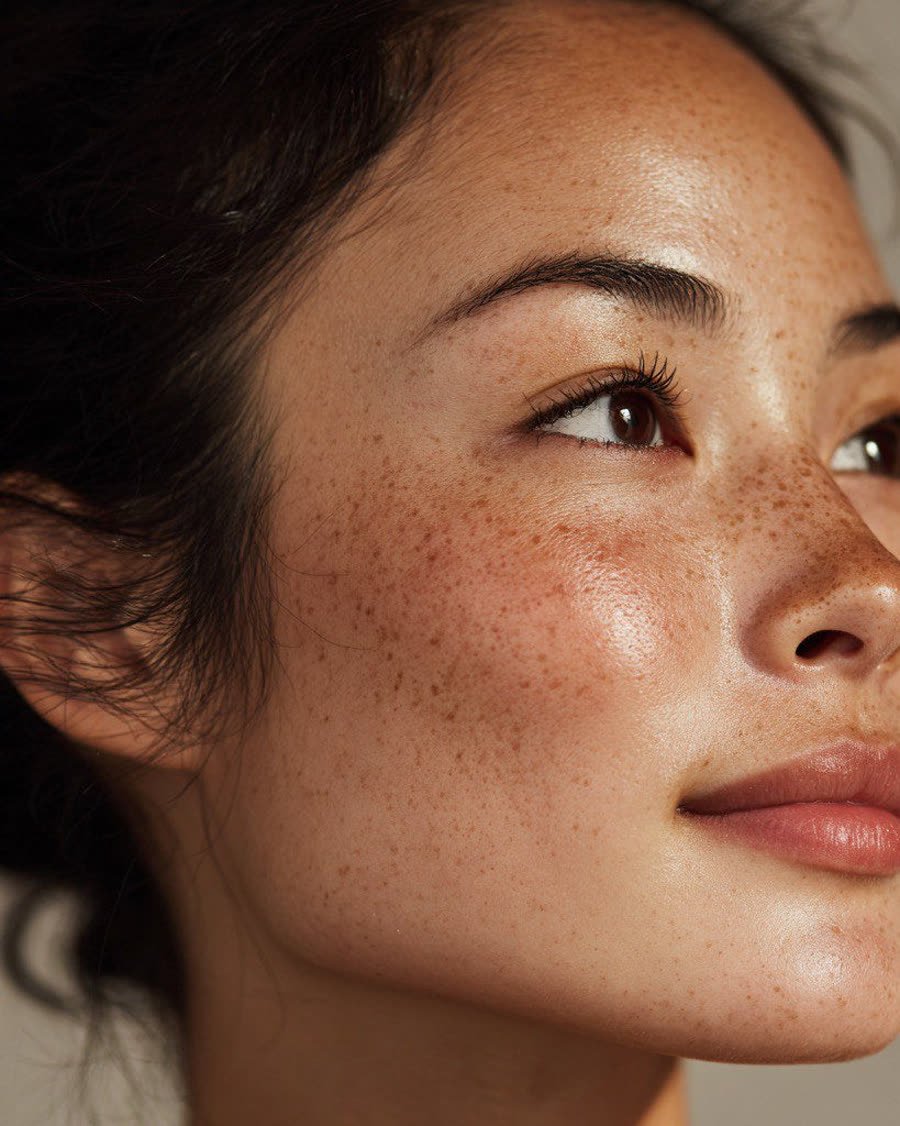 Gros plan sur le visage d'une femme, texture de peau naturelle et taches de rousseur en lumière diffuse