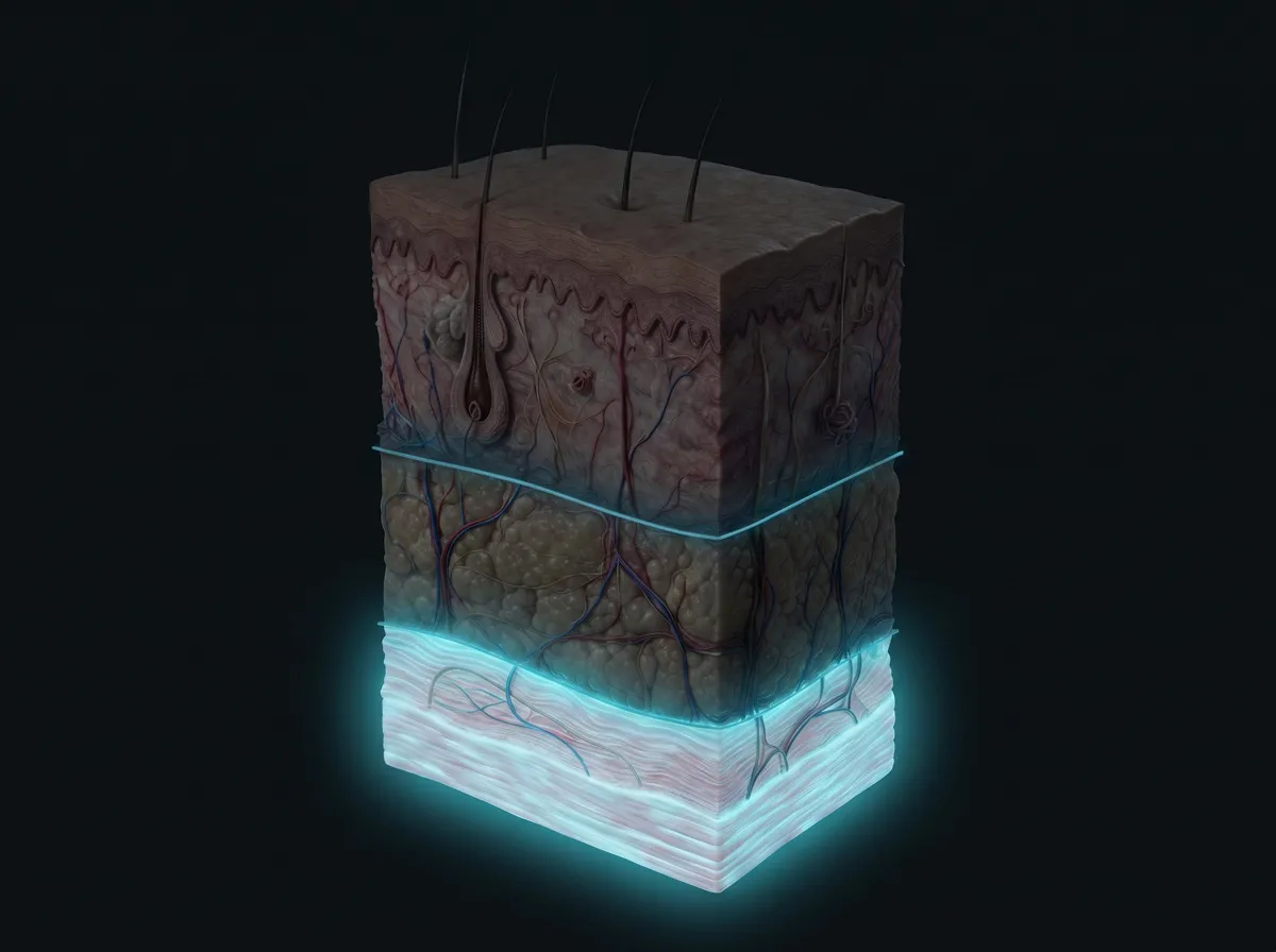 Coupe anatomique réaliste de la peau : le SMAS, couche musculo-aponévrotique de soutien, illuminé en turquoise